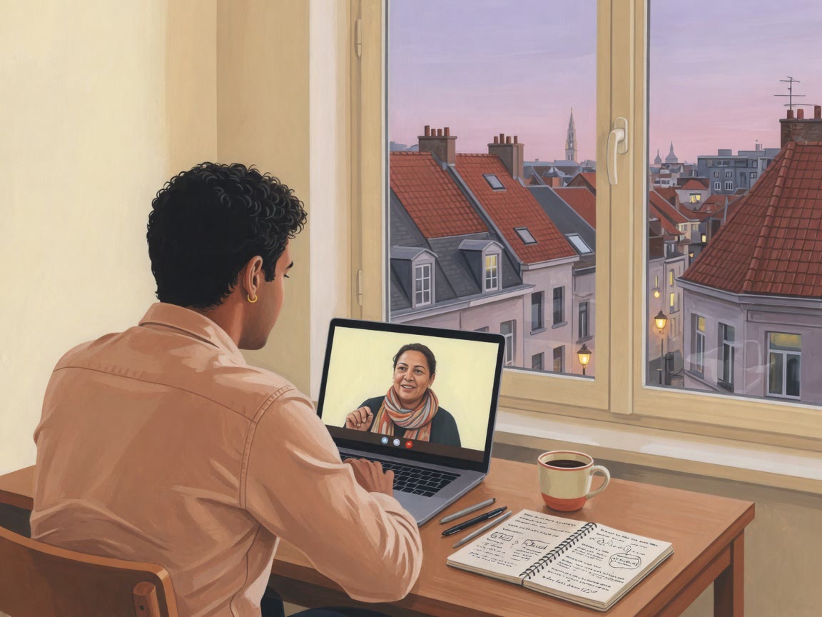 A learner in Brussels in a live online Flemish lesson with his teacher
