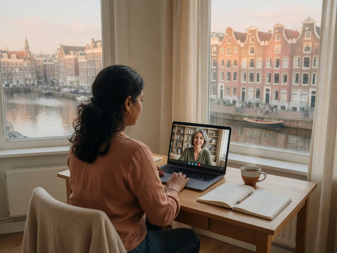 A learner practising pronunciation with her teacher online