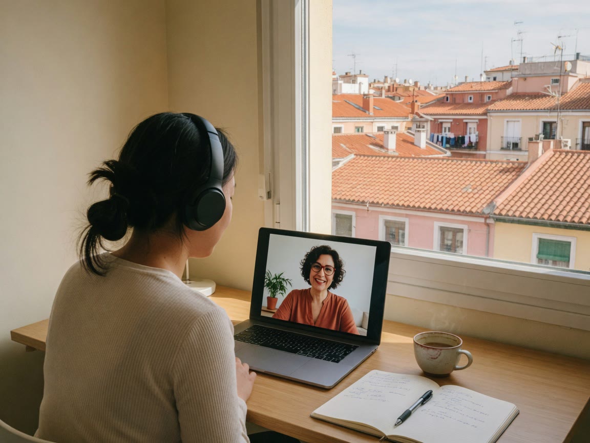 A learner with headphones in an online lesson