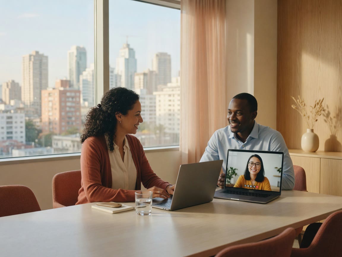 An HR manager and a colleague in an online language lesson at the office